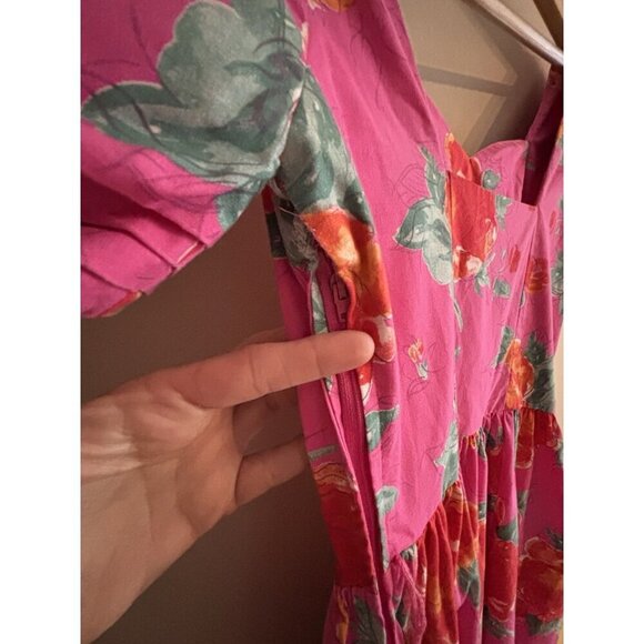 Laura Ashley Dress 1980s Pink Floral Orange Pink Cotton Pleated Bow Dress Sz 6 - Picture 10 of 16